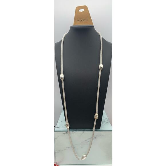 NWT Monet Silver Tone Long Mesh Necklace With Silver Tone Stations 32” - Picture 2 of 5